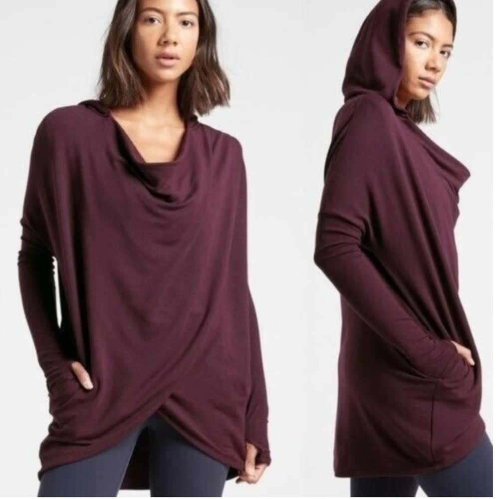 Athleta Womens Pranayama Wrap Hoodie Plum Purple Cowl Neck‎ Fleece L Large